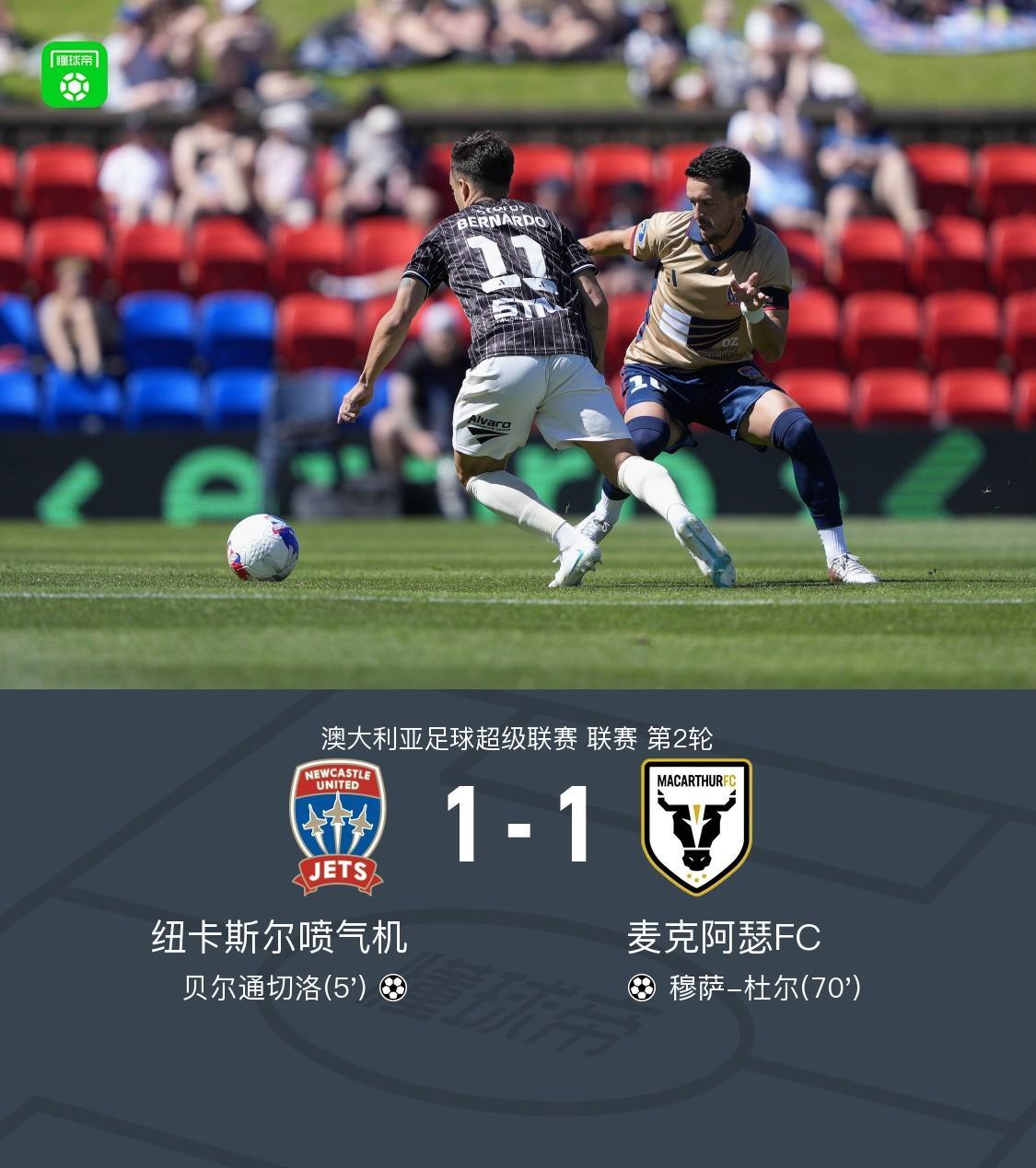 纽卡斯尔喷气机1-1麦克阿瑟，贝尔通切洛、杜尔破门